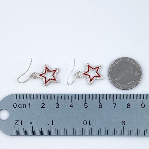Silver Tone Red Framed Star Dangle Fishhook Earrings - Picture 9 of 9